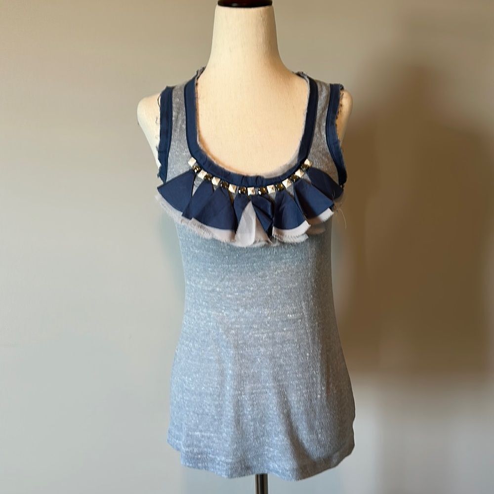 Anthropologie sz XS light blue sleeveless top with stud stone ruffle detail